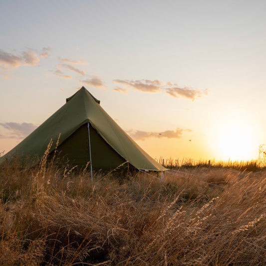 4 man tent Sibley 500 Pro green set up at sunset