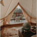 4 man tent Sibley 500 Pro view from inside looking out with rustic furniture