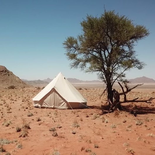 4 person tent Sibley 500 Protech Double Door in sand set up in the desert next to a tree
