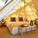 three person tent - CanvasCamp Sibley 450 Protech Canvas Bell Tent Sand luxury glamping bed and chairs inside